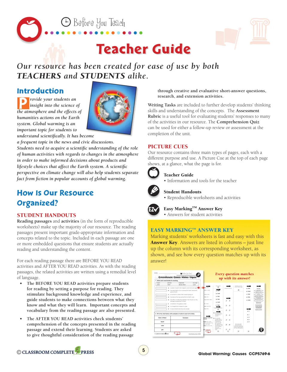 Teacher guide introduction explaining reading passages, before and after you read pages, and the answer key