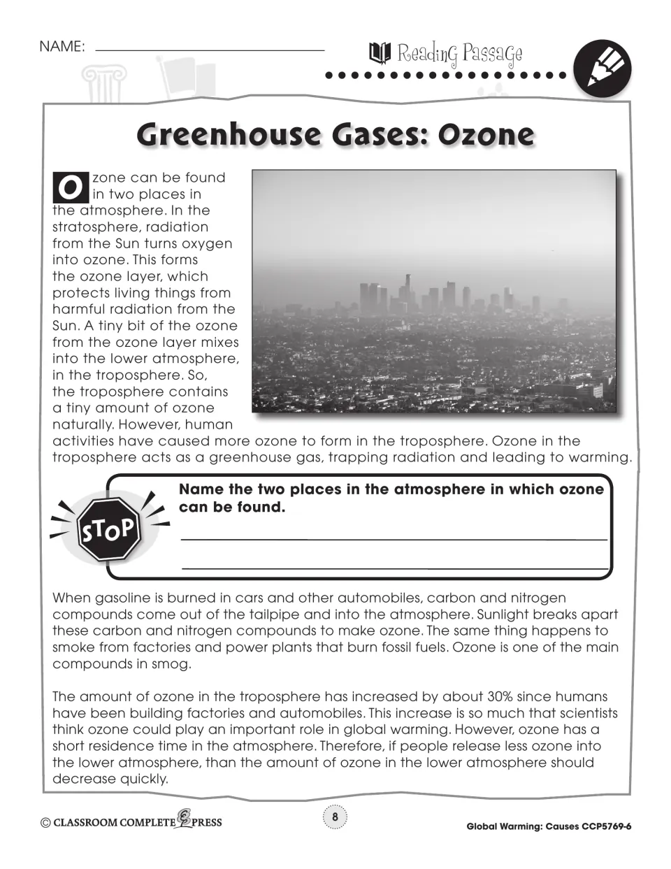 Ozone reading passage: ozone in the stratosphere and troposphere, smog over a city, and a 30% rise since factories