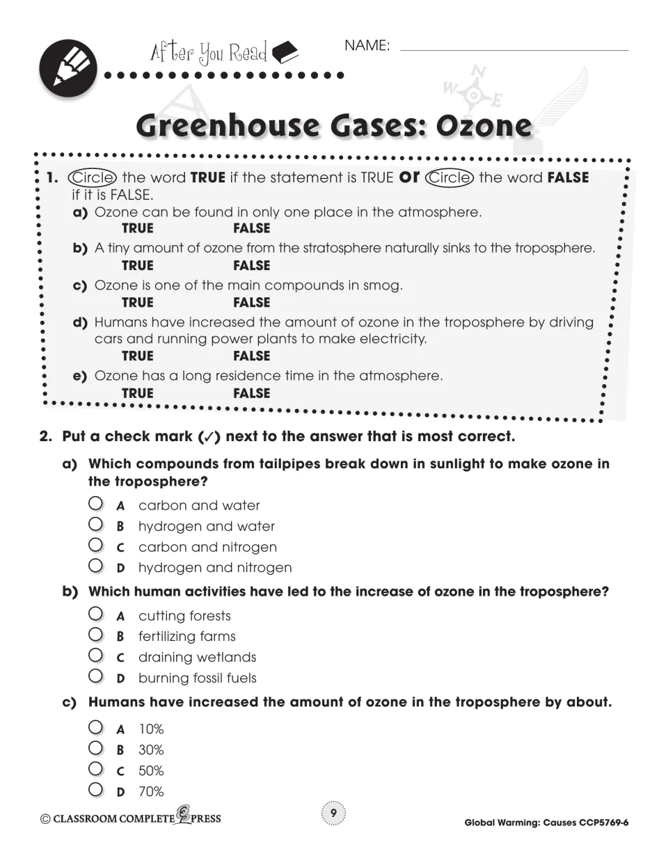 After You Read: five ozone true/false items and multiple-choice questions on tailpipe compounds and human activity