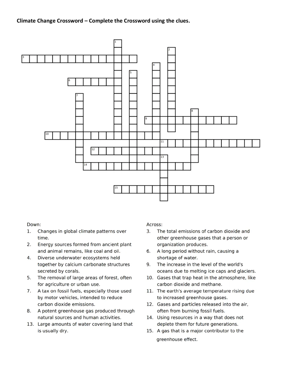 Climate change vocabulary crossword: students solve 15 clues on drought, methane, fossil fuels and sea level rise