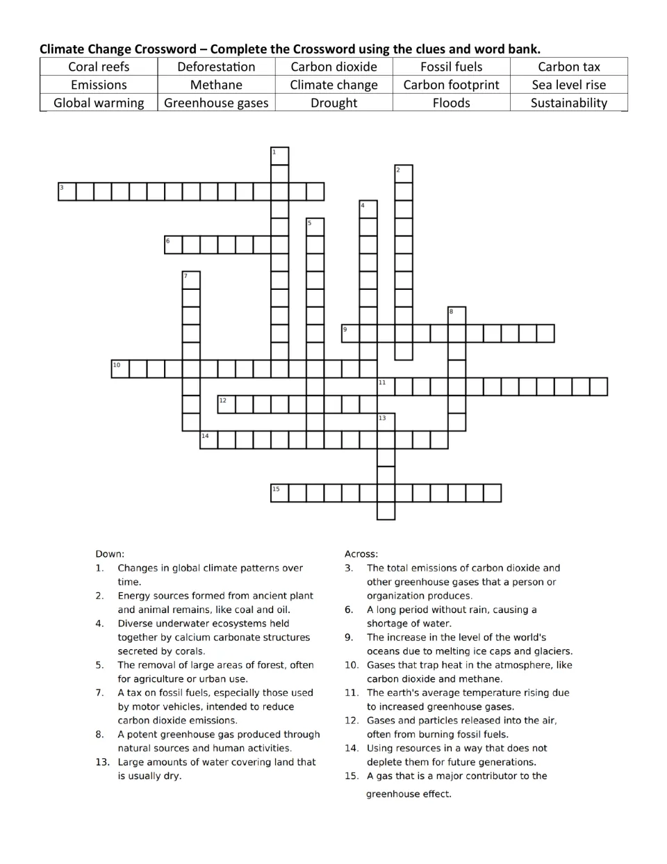 Climate vocabulary crossword with word bank: students match 15 terms like carbon tax and coral reefs to the clues
