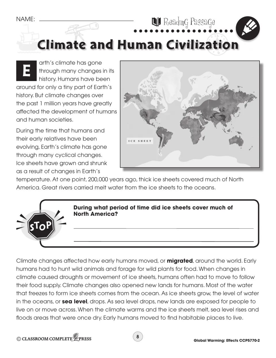 Reading passage on how climate shaped early humans, with an ice sheet world map and a STOP question on ice sheets