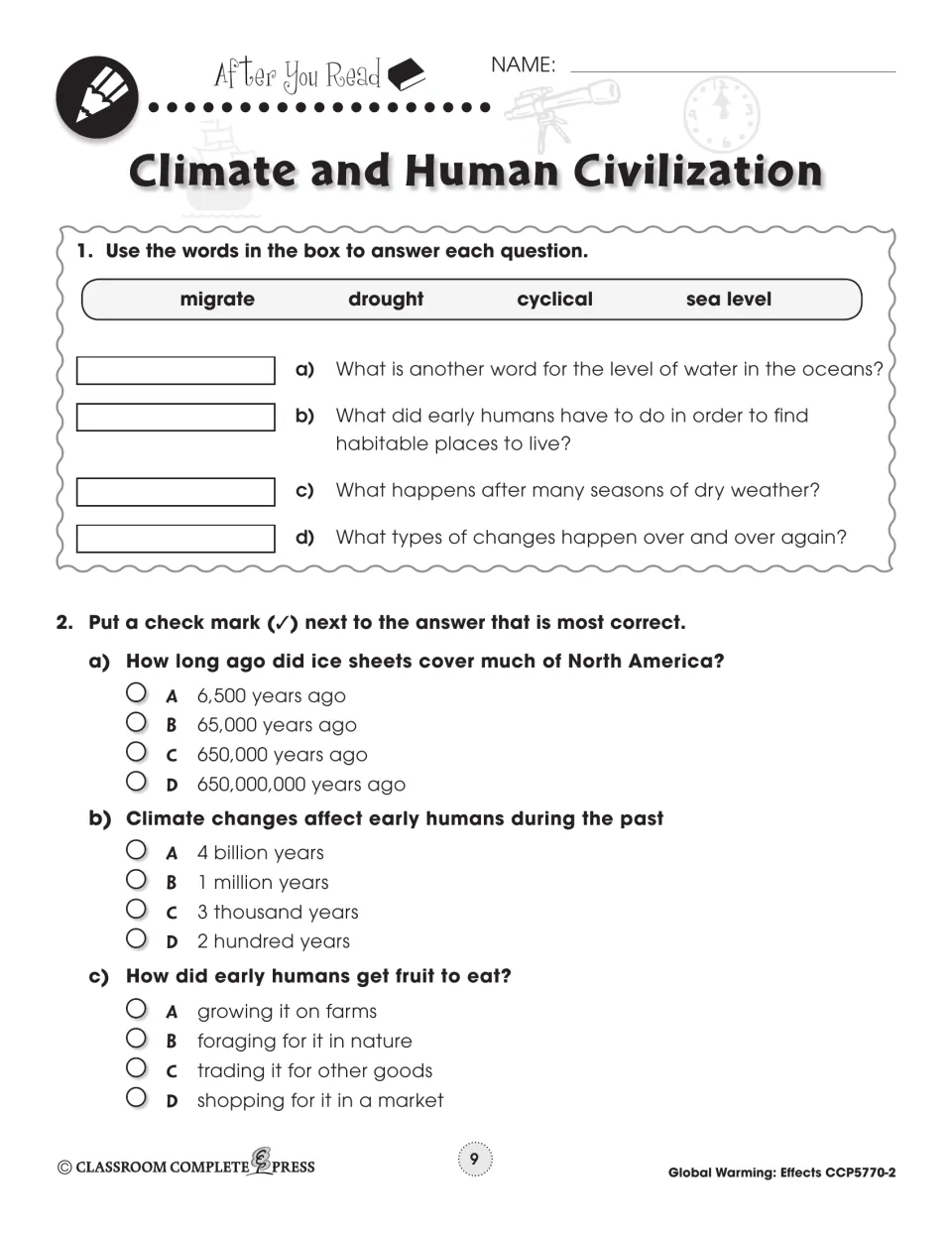 After You Read: word box (migrate, drought, cyclical, sea level) and multiple-choice questions on ice sheets