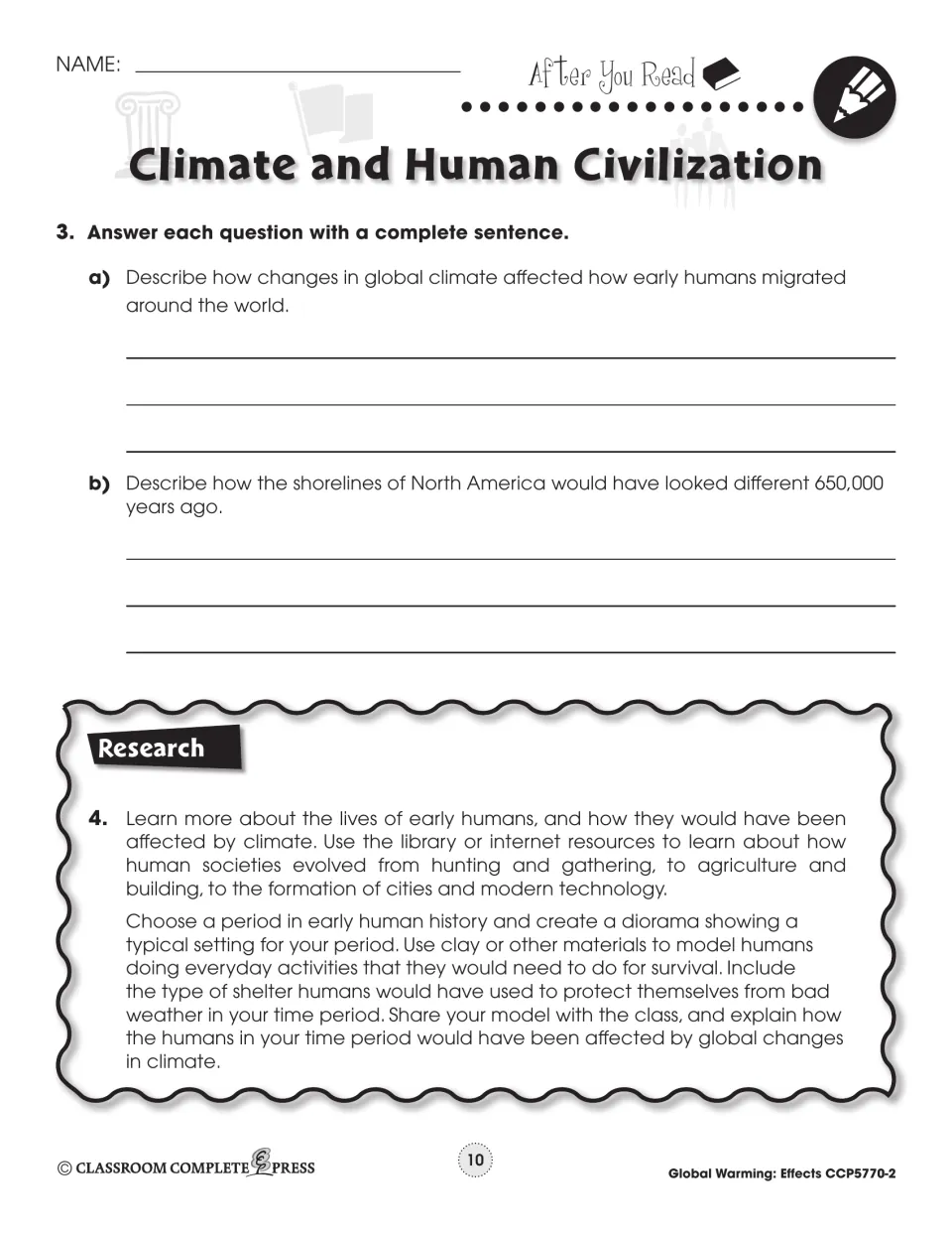 After You Read: short answers on migration and North American shorelines, plus a research task to build a diorama