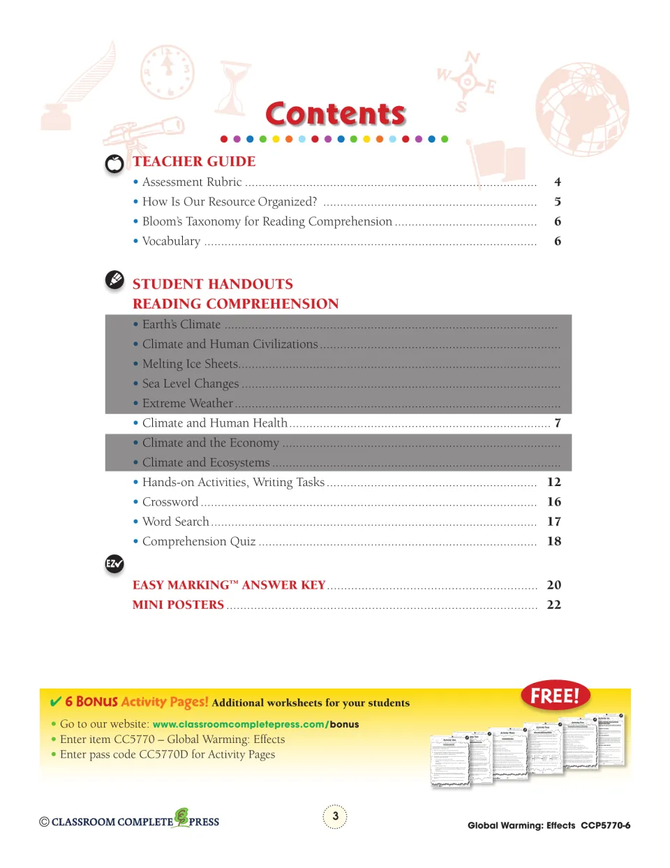 Contents: teacher guide, Climate and Human Health reading, crossword, word search, quiz, answer key and mini posters