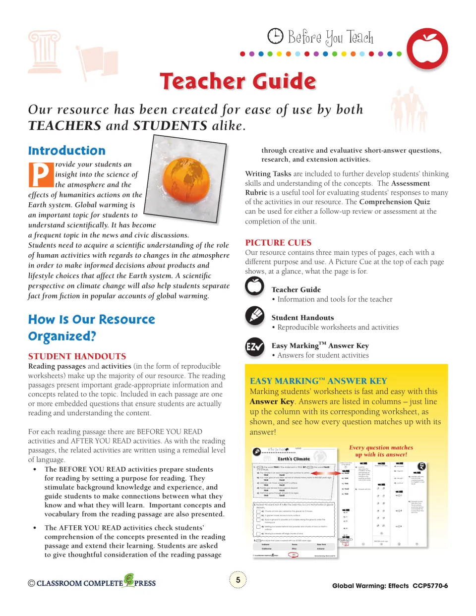 Teacher guide introduction, explaining reading passages, before and after you read activities, and picture cues
