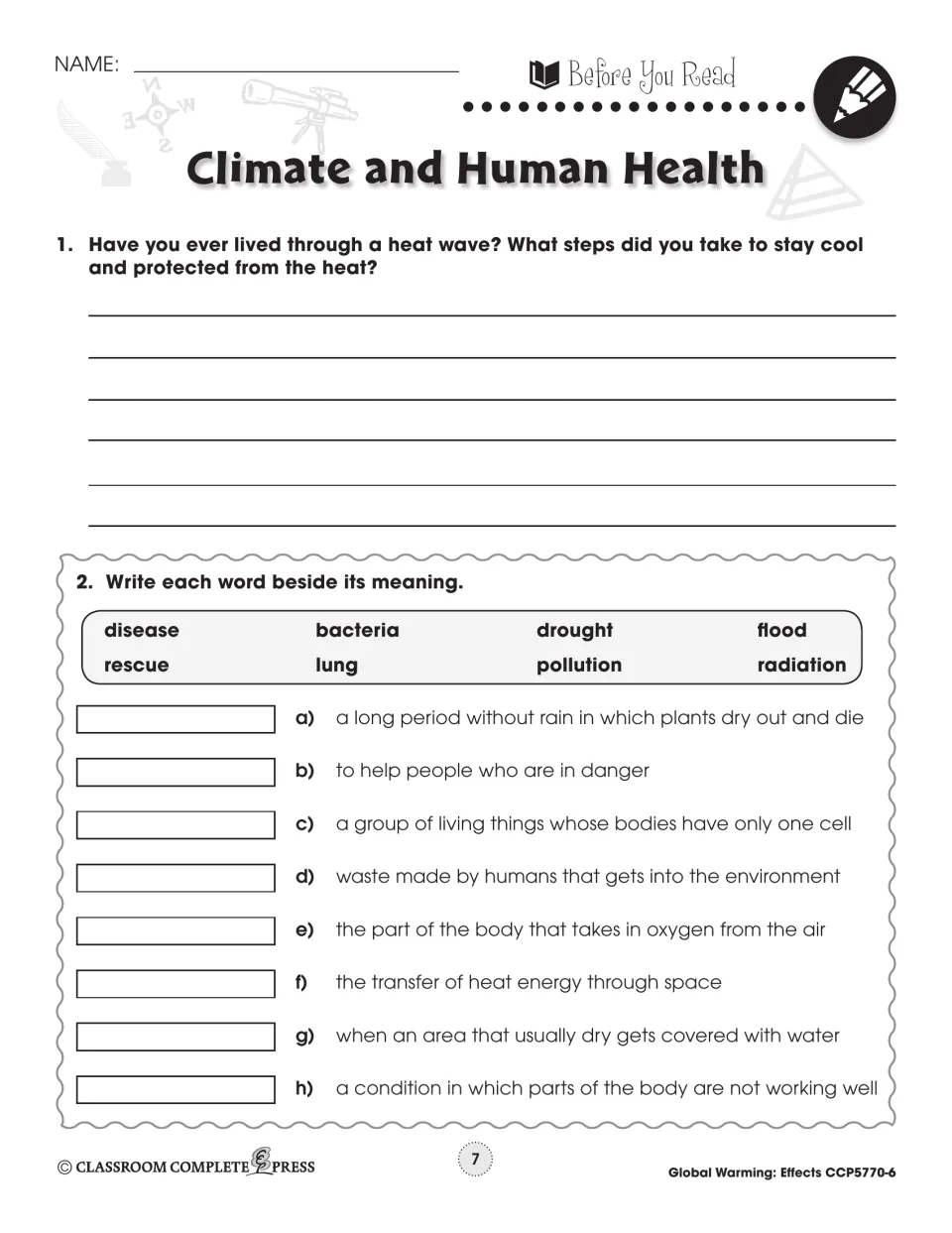 Before You Read: a heat wave question, then matching 8 words such as drought, bacteria and lung to their meanings