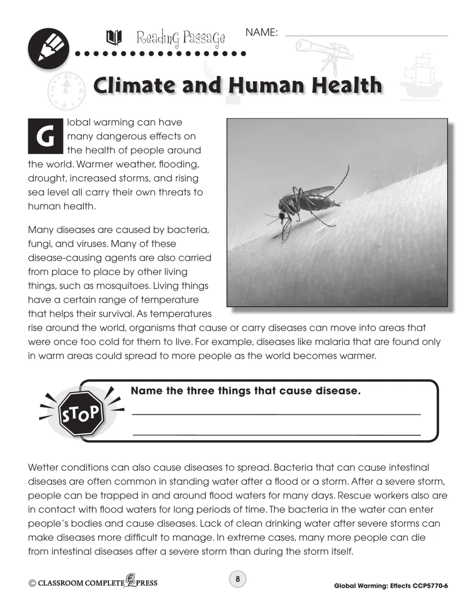 Reading passage part 1: warming spreads diseases like malaria and flood bacteria, with a mosquito photo