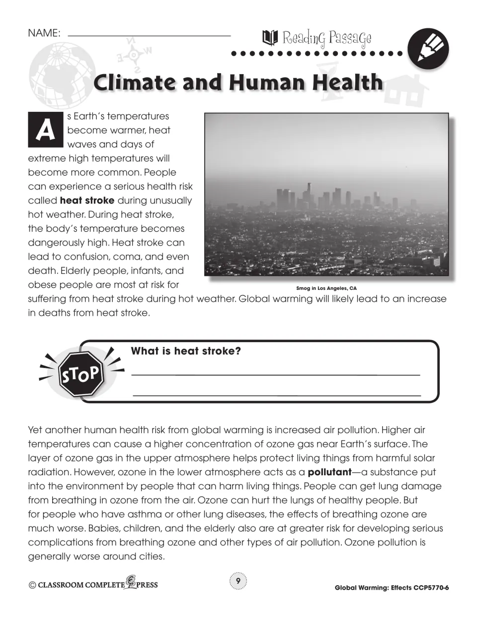 Reading passage part 2: heat stroke and ozone air pollution risks, with a photo of smog in Los Angeles