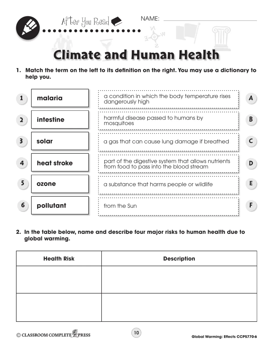 After You Read: match malaria, ozone, heat stroke and 3 more terms, then name four health risks of global warming