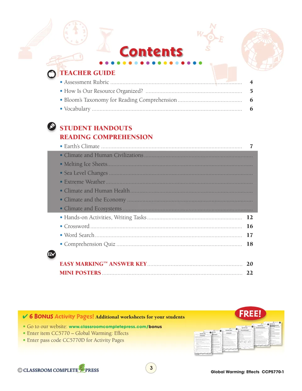Contents listing the teacher guide, Earth's Climate passage on page 7, crossword, word search, quiz and answer key