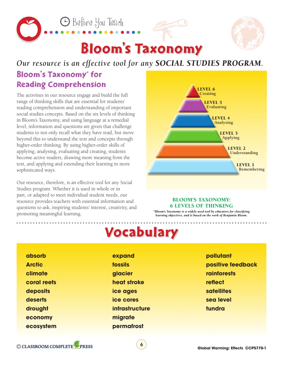 Bloom's Taxonomy pyramid of six thinking levels and a vocabulary list: absorb, Arctic, climate, glacier and 21 more