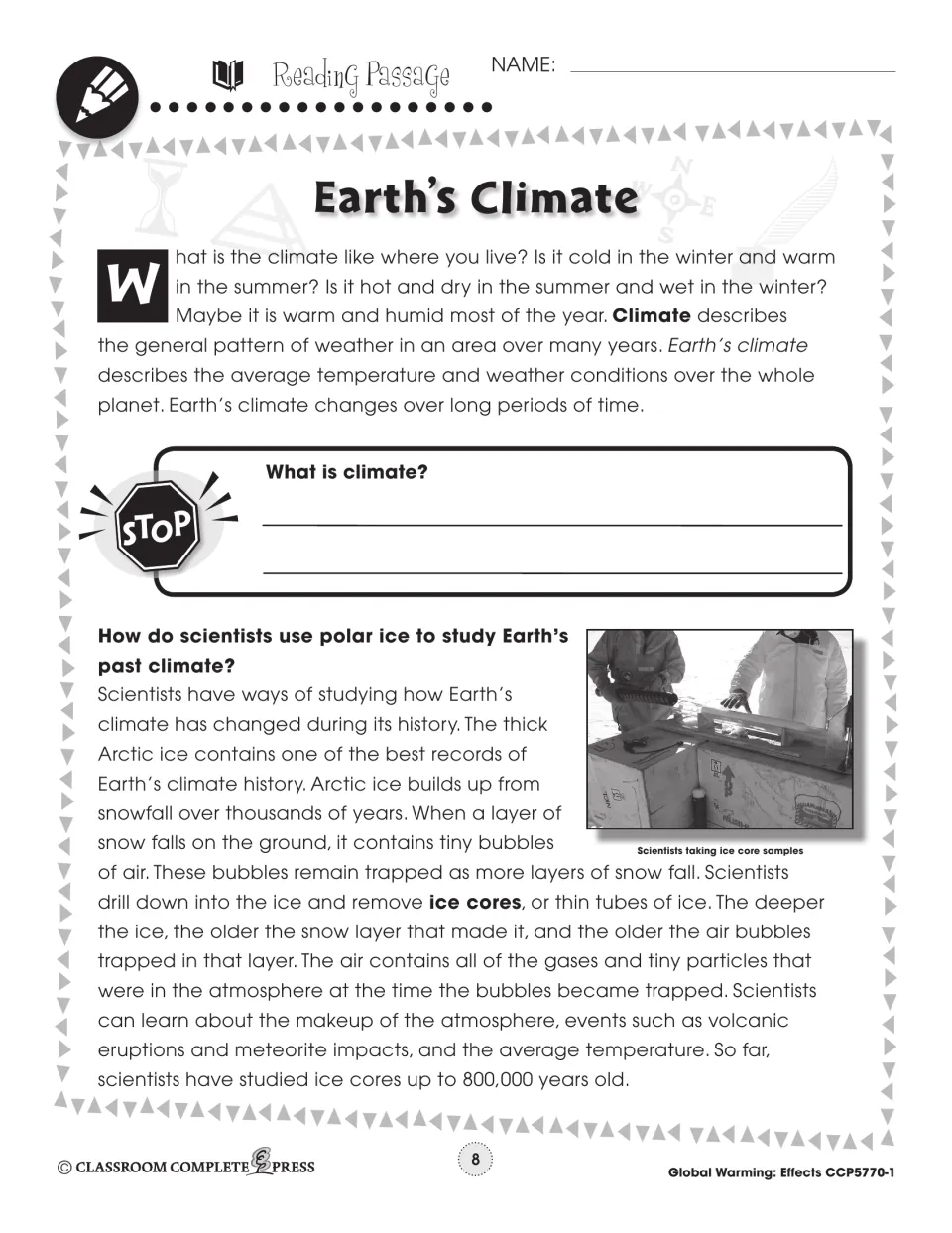 Earth's Climate reading passage part 1: what climate is and how ice cores show climate up to 800,000 years ago