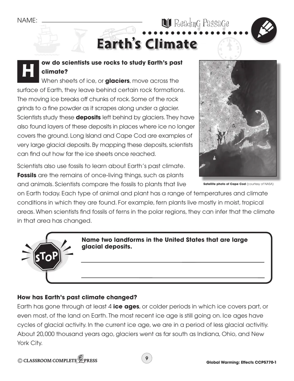 Reading passage part 2: glacial deposits like Cape Cod, fossils as climate clues, and Earth's at least 4 ice ages