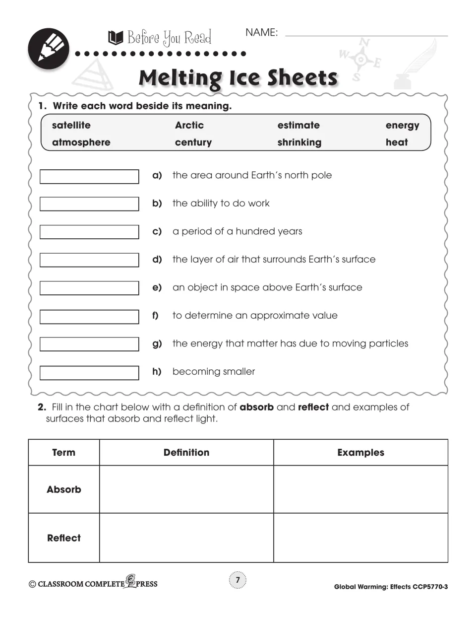 Before You Read vocabulary: match satellite, Arctic, century and 5 more words, then define absorb and reflect