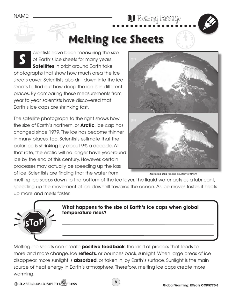 Melting Ice Sheets reading passage on shrinking Arctic ice, with NASA satellite photos from 1979 and 2003