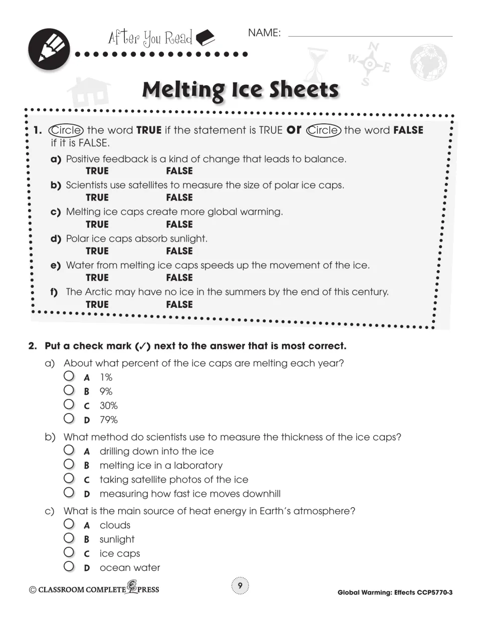 After You Read questions: six true/false items on ice caps and three multiple-choice questions on the passage