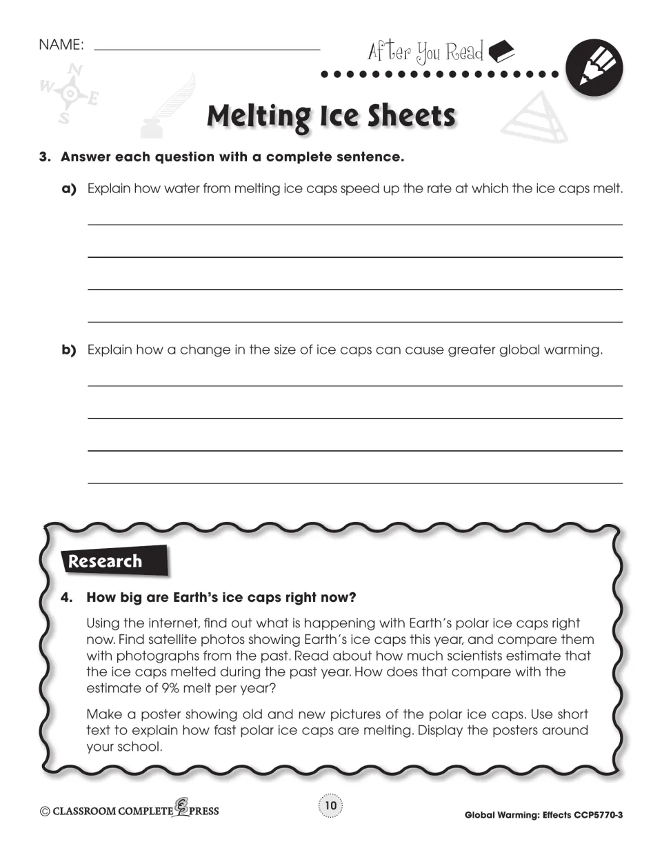 After You Read short answers on how meltwater speeds ice loss, plus a research task comparing ice cap photos