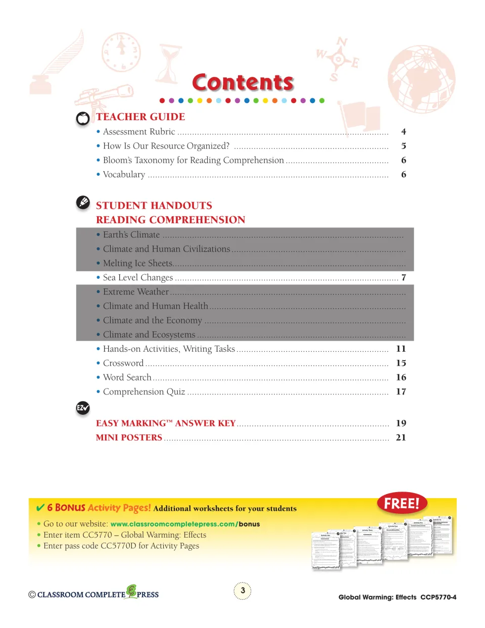 Table of contents: teacher guide, Sea Level Changes reading on page 7, crossword, word search, quiz and answer key