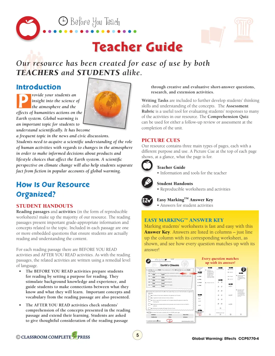 Teacher Guide introduction and how the resource is organized: Before You Read, reading passage and After You Read