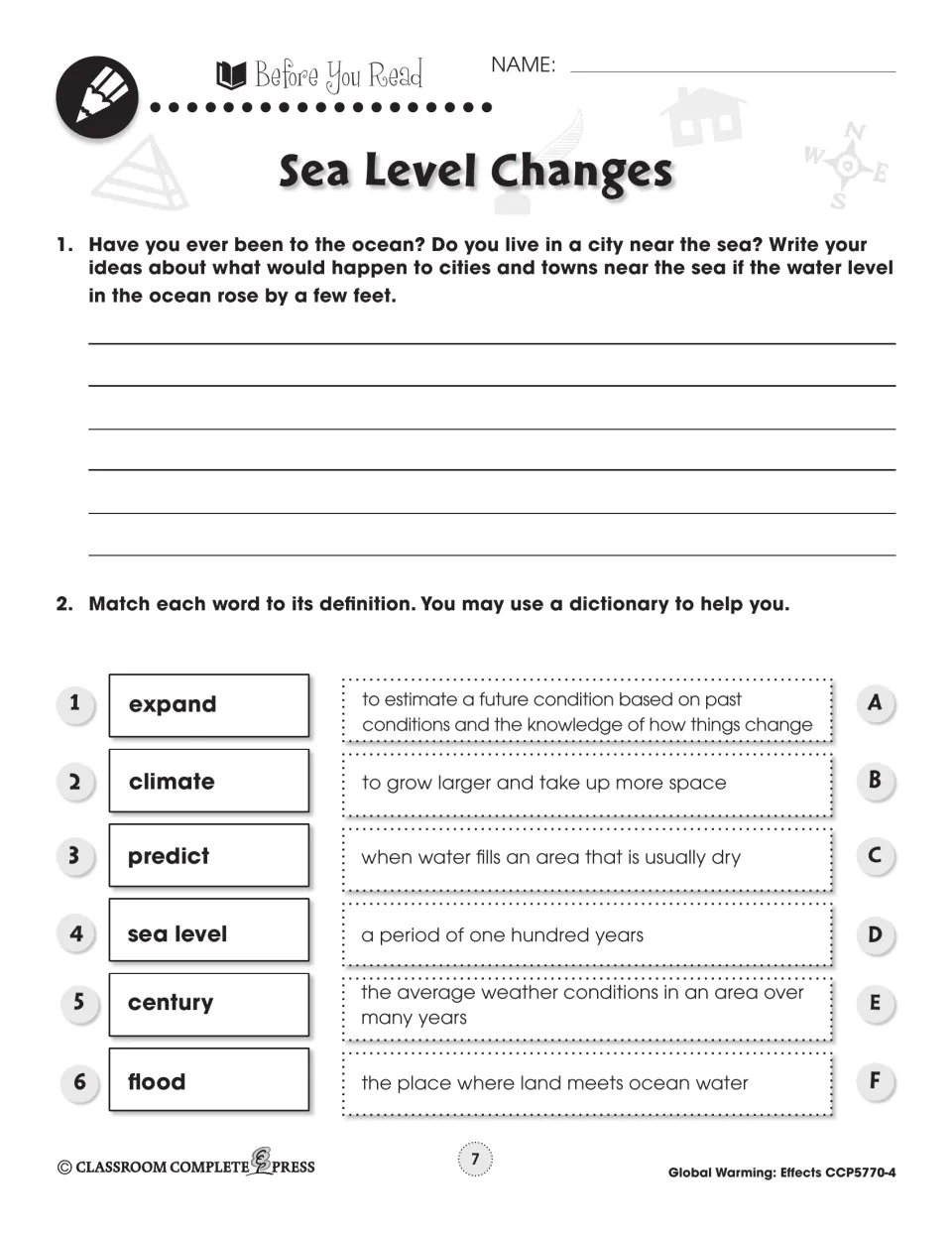 Before You Read: write about the ocean rising a few feet, then match six words like expand, predict and flood