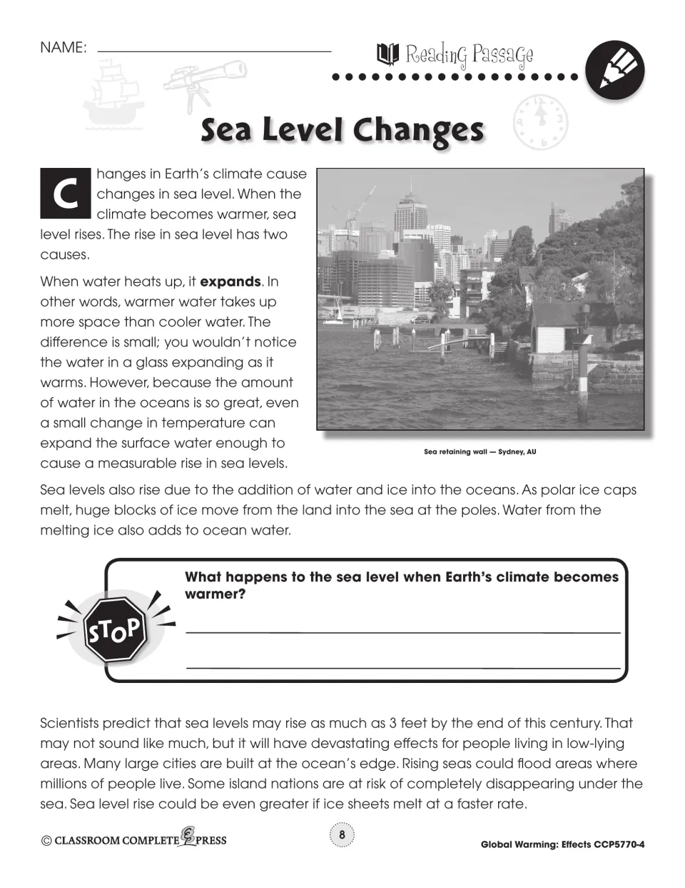 Reading passage on warming water expanding and melting ice, with a Sydney sea wall photo and a STOP question