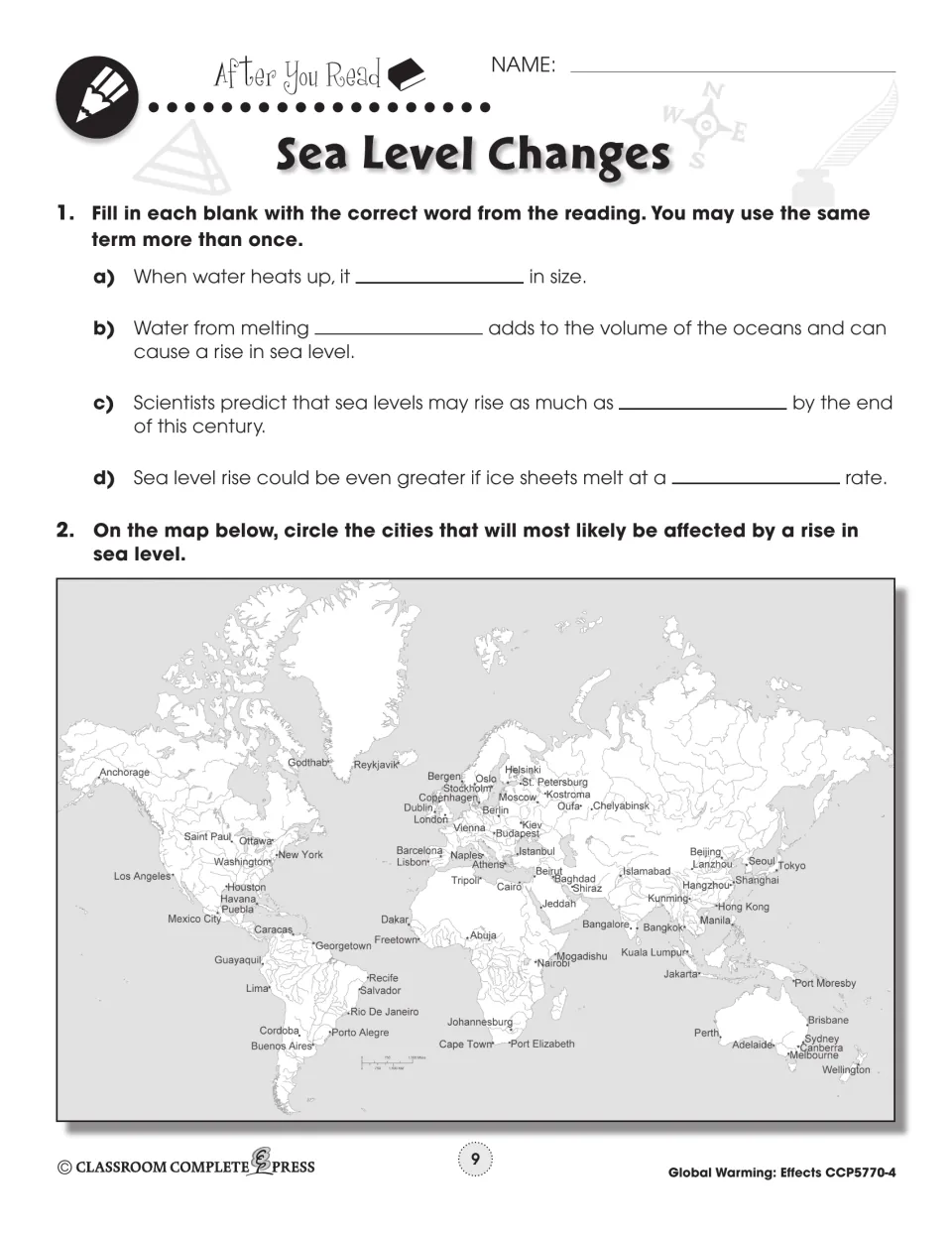 After You Read: fill in blanks from the reading and circle cities at risk from sea level rise on a world map