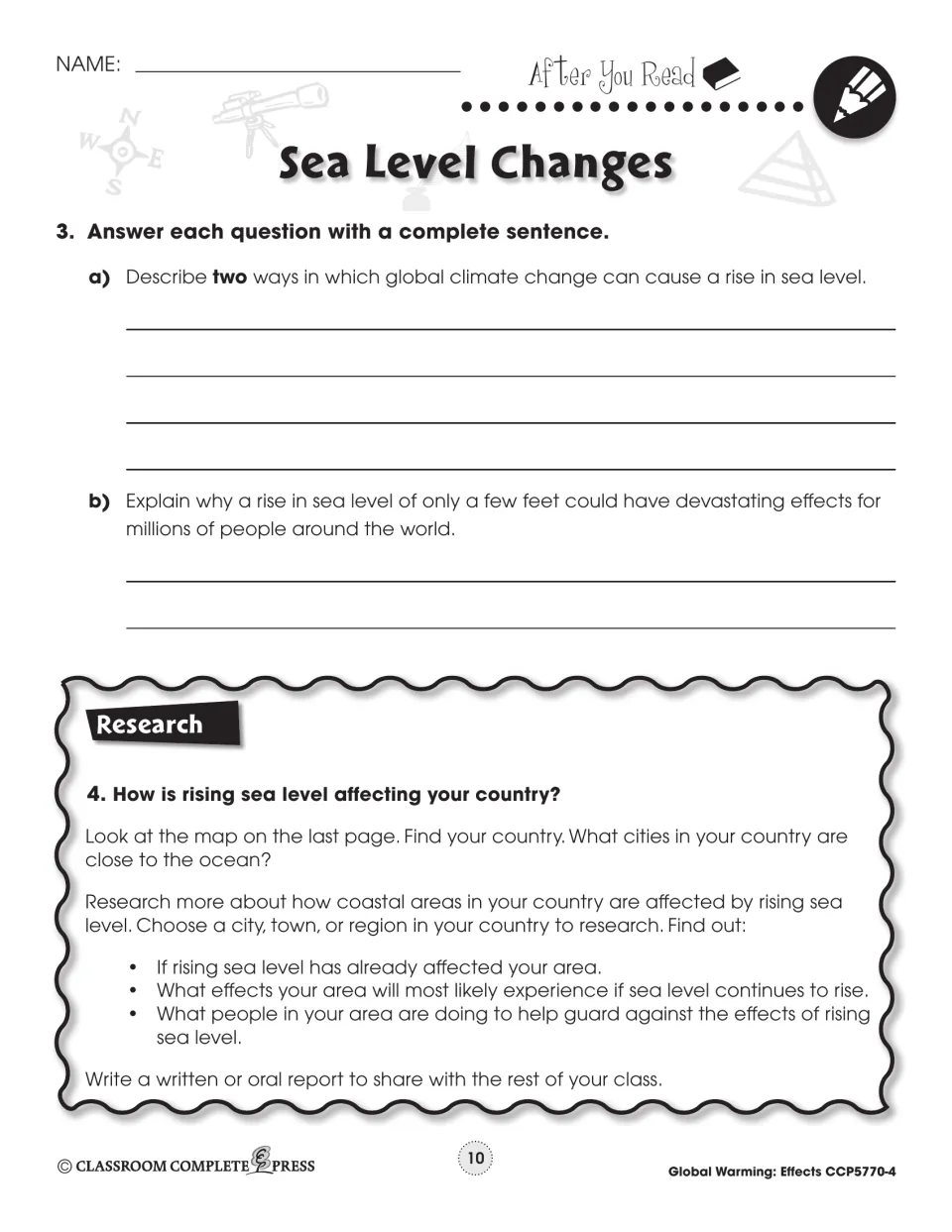Questions 3–4: two ways climate change raises sea level, plus a research report on rising seas in your country