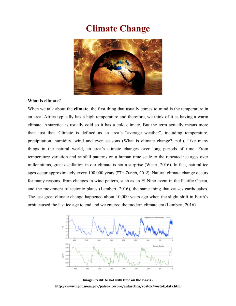 Climate Change article opener: What is climate? defines average weather and natural ice ages, with NOAA ice core graphs