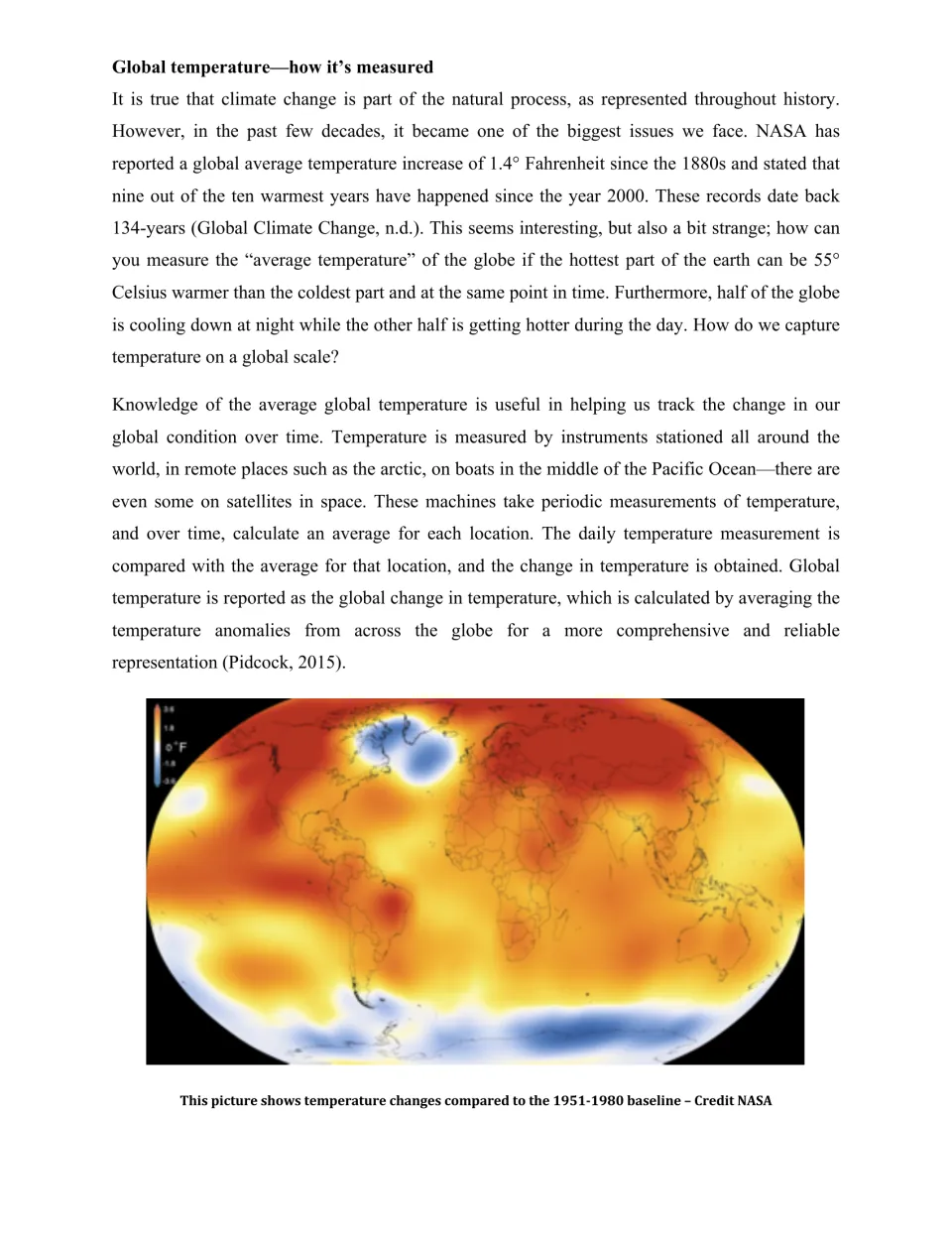 Global temperature, how it's measured: text on stations and anomalies, with a NASA world map of change since 1951-1980