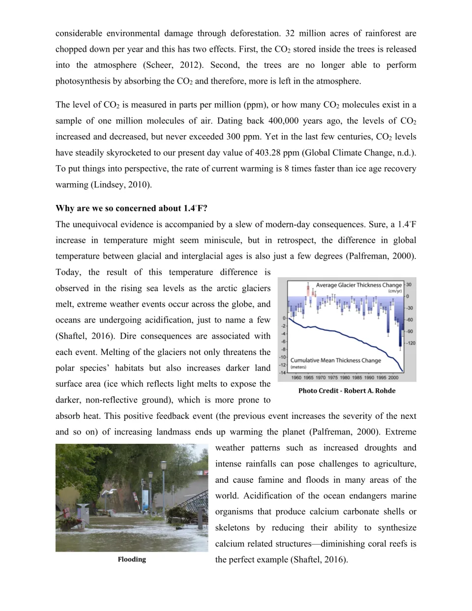 Deforestation, CO2 in ppm and why 1.4°F matters: glacier thickness graph and flood photo show rising seas and wild weather