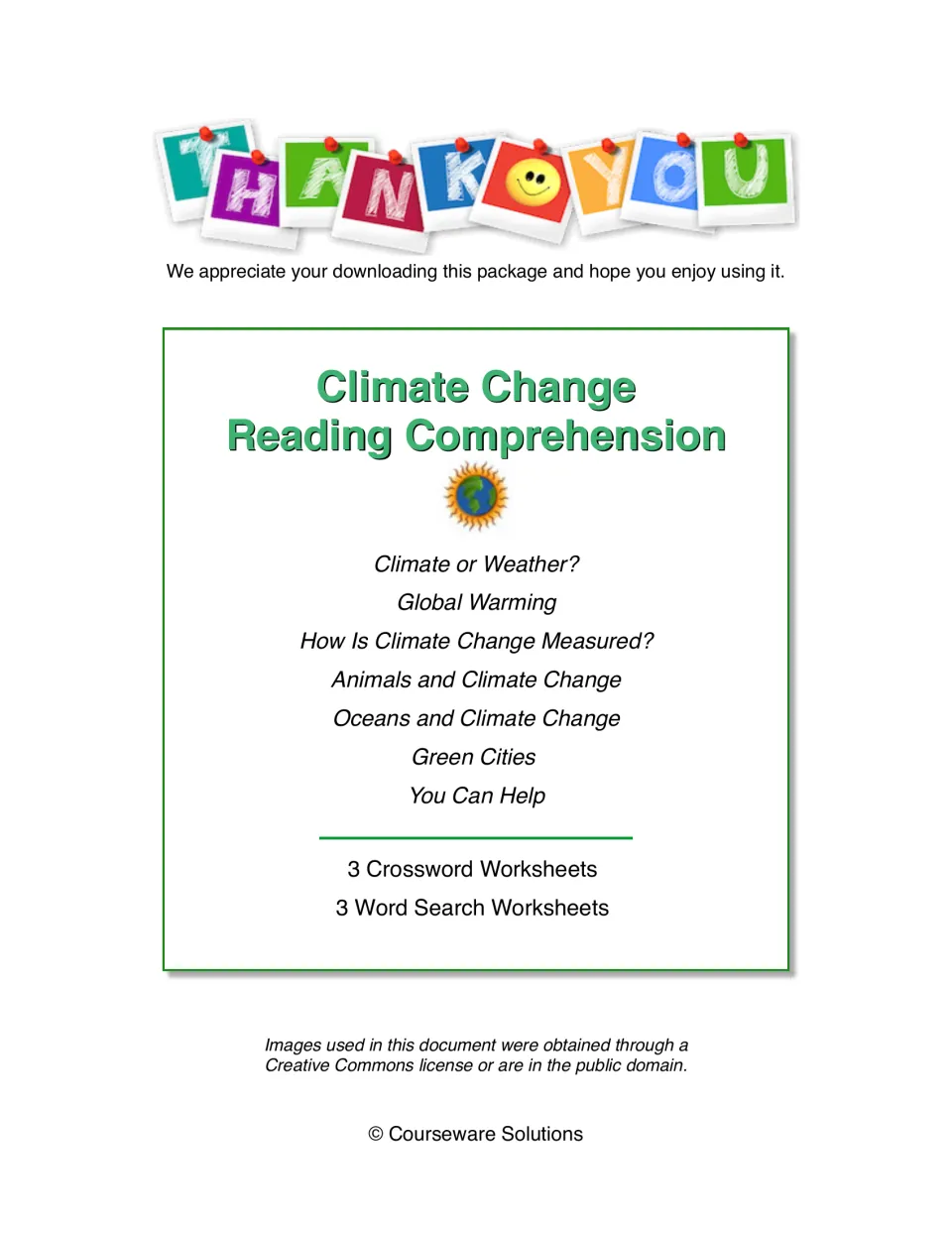 Contents list naming seven passage topics, from Climate or Weather? to You Can Help, plus crossword and word search pages