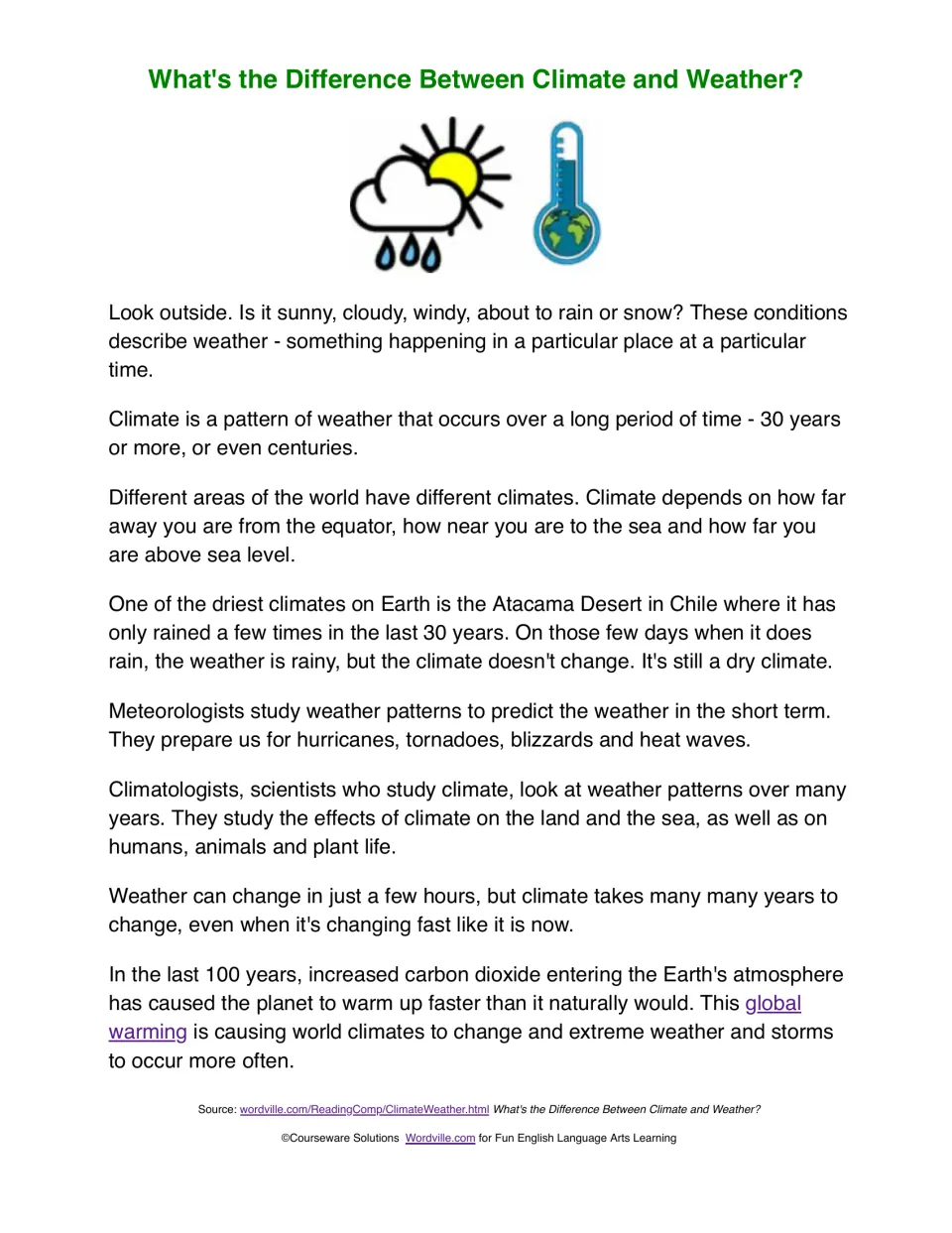 Climate vs. weather passage: students read how weather differs from long-term climate, with the Atacama Desert example