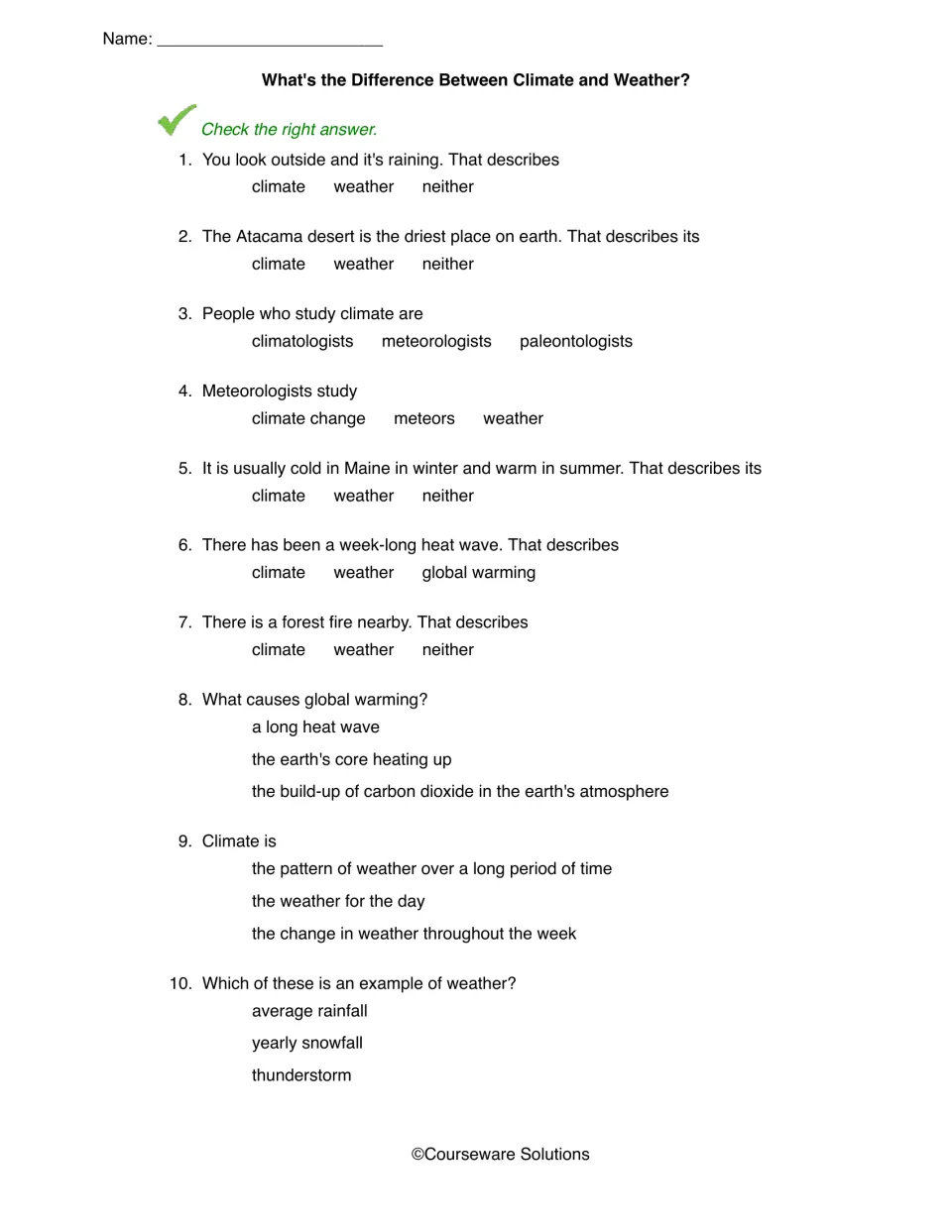 Climate or weather quiz: students check the right answer in 10 multiple-choice items on scenarios, scientists and CO2