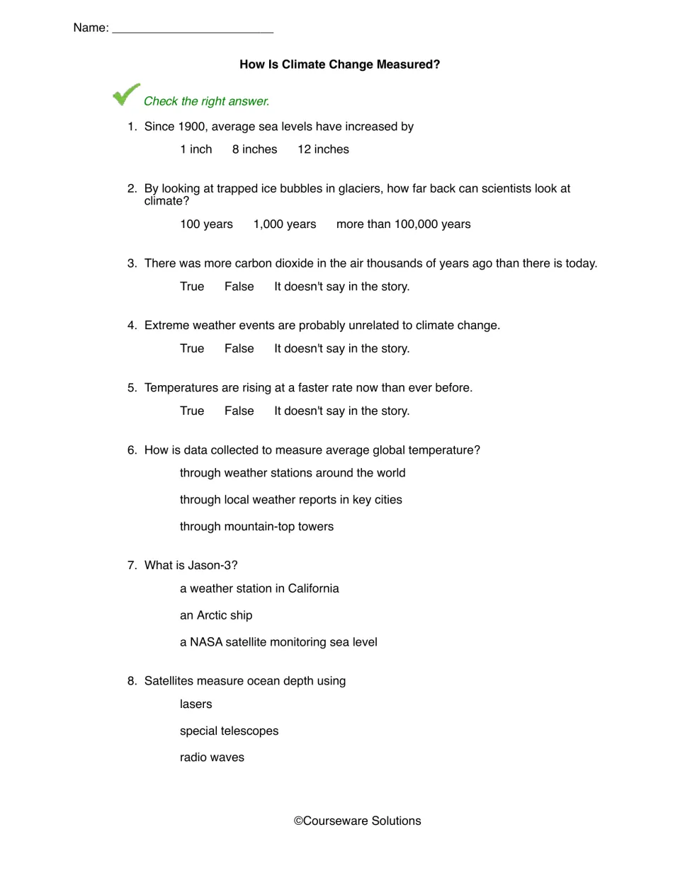 Measurement quiz: students answer 8 questions on sea-level rise, ice bubbles, temperature data and satellite radio waves