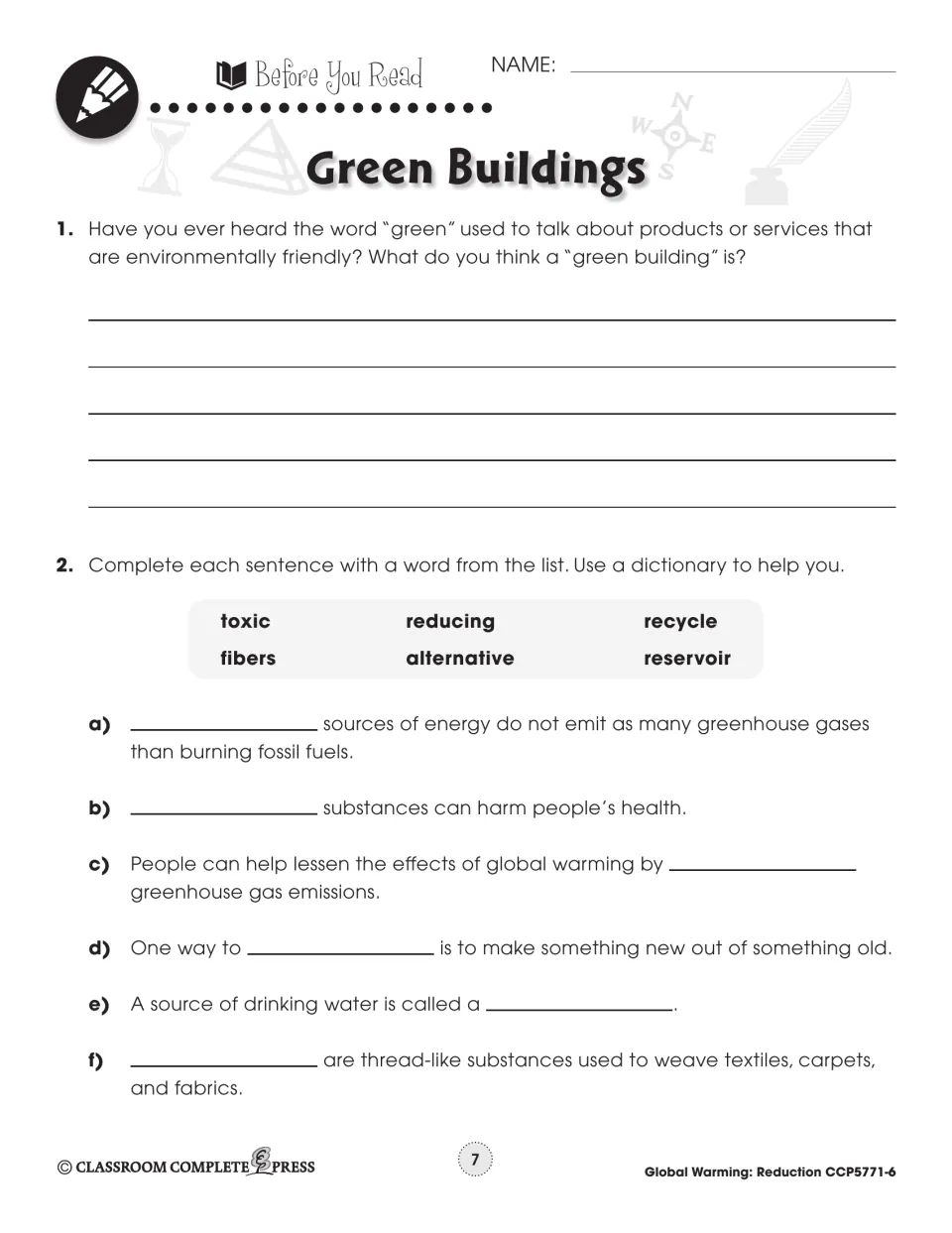 Before You Read: define a 'green building', then complete sentences with toxic, recycle, reservoir and 3 more