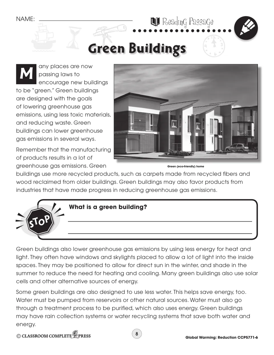 Green Buildings reading passage on recycled materials, natural light, solar cells and saving water