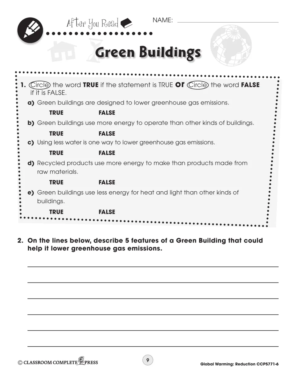 After You Read: 5 true-or-false statements on green buildings and a task to describe 5 emission-lowering features