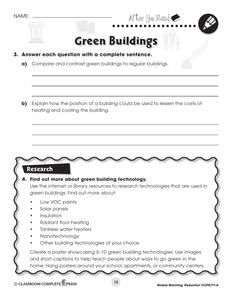 After You Read questions 3–4: compare green and regular buildings, then research green tech for a poster