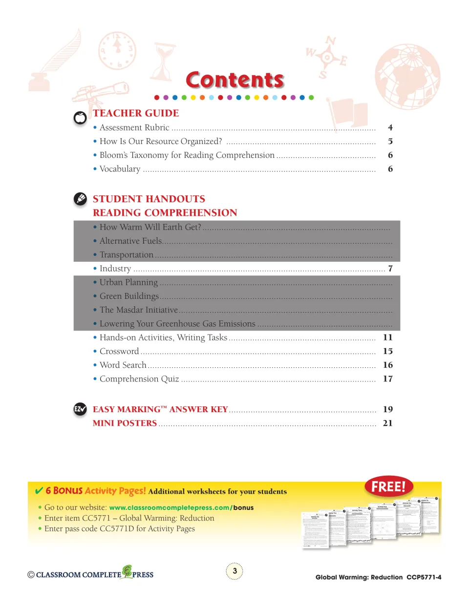 Table of contents listing Industry on page 7, the crossword, word search, comprehension quiz and answer key