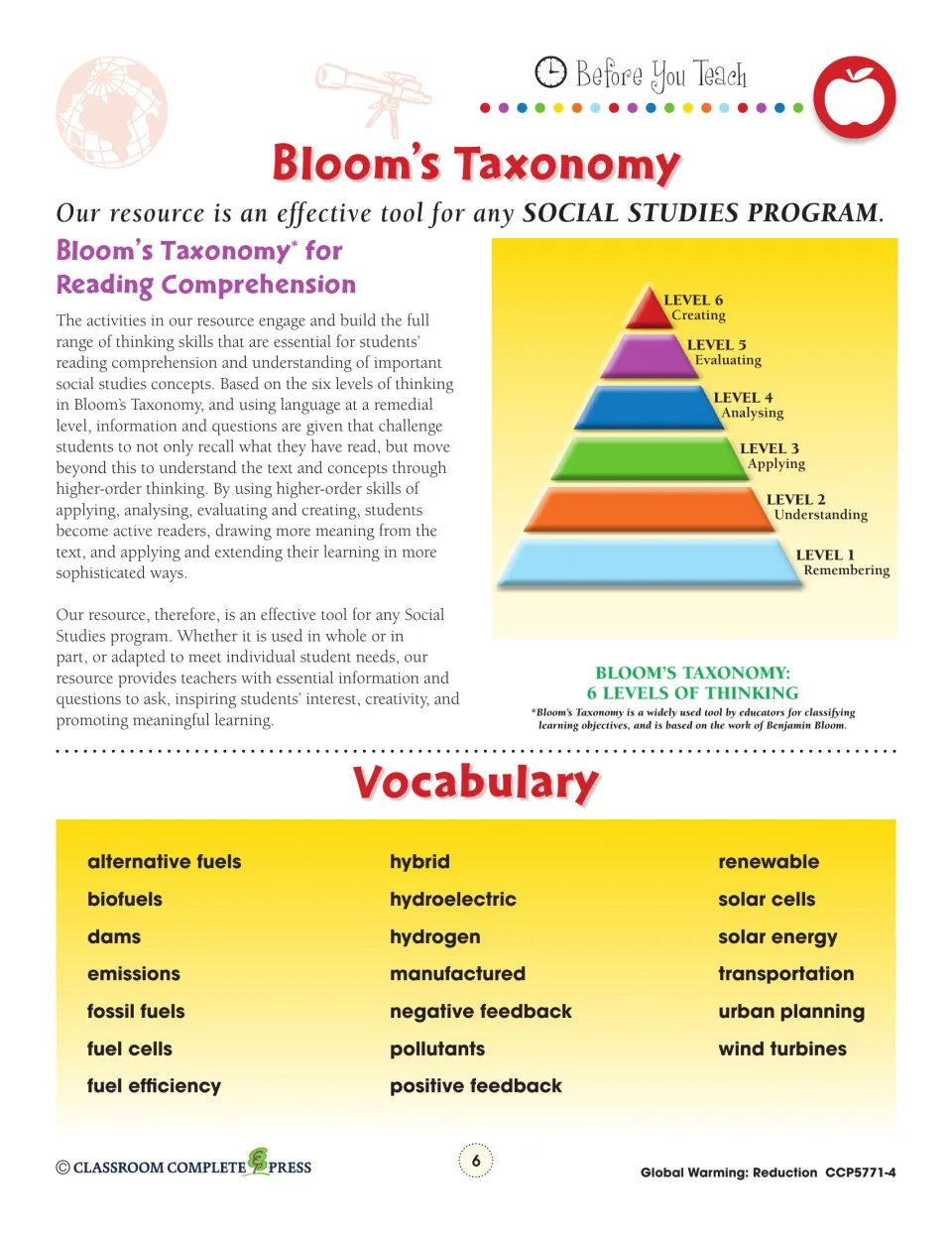 Bloom's Taxonomy levels 1–6 and vocabulary list: alternative fuels, emissions, manufactured and 17 more