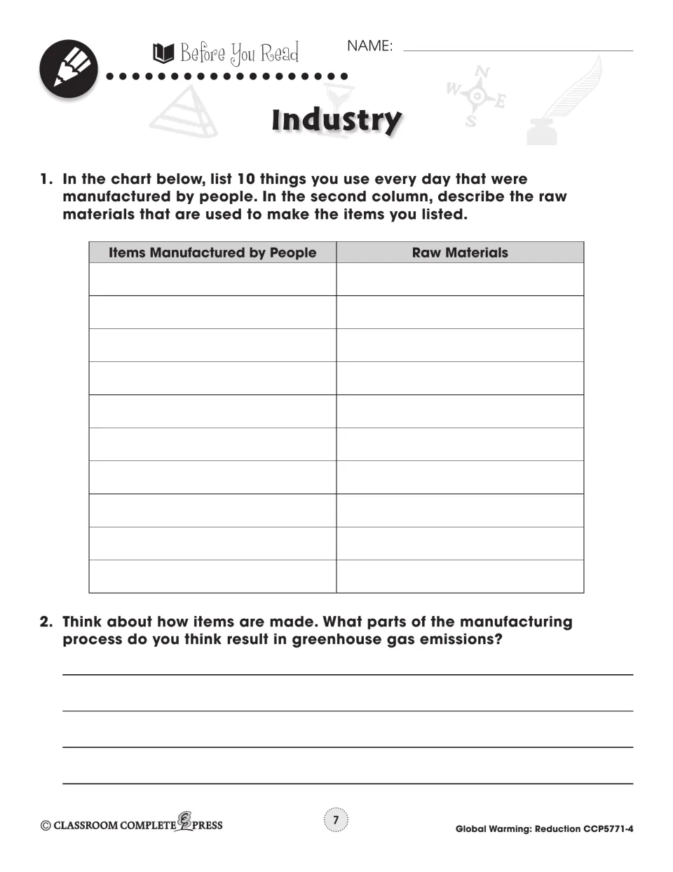 Before You Read: list 10 everyday manufactured items and their raw materials, then name sources of emissions
