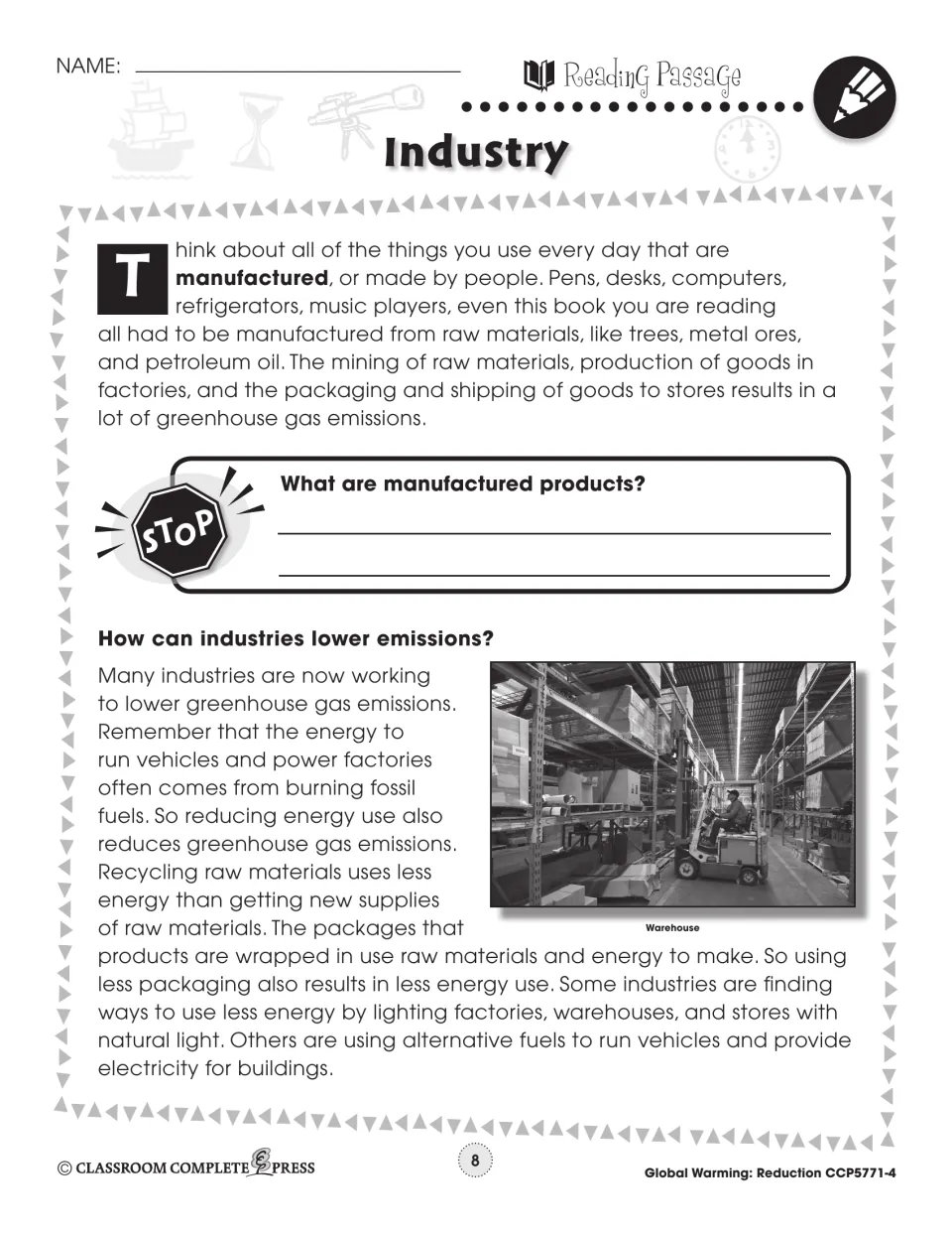 Industry reading passage on manufacturing emissions and how industries lower them, with a warehouse photo