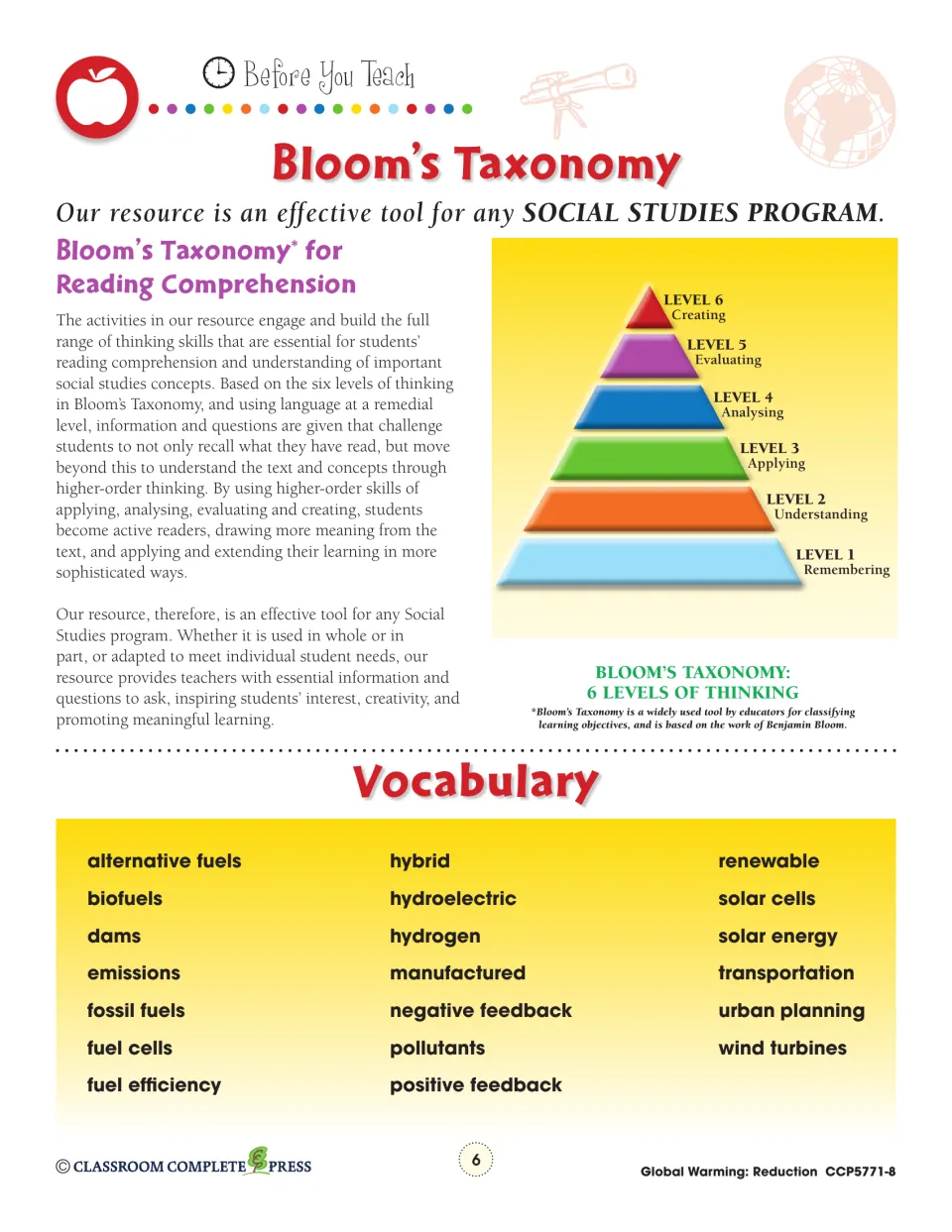 Bloom's Taxonomy pyramid, levels 1–6, and vocabulary list: alternative fuels, biofuels, hybrid, and 17 more