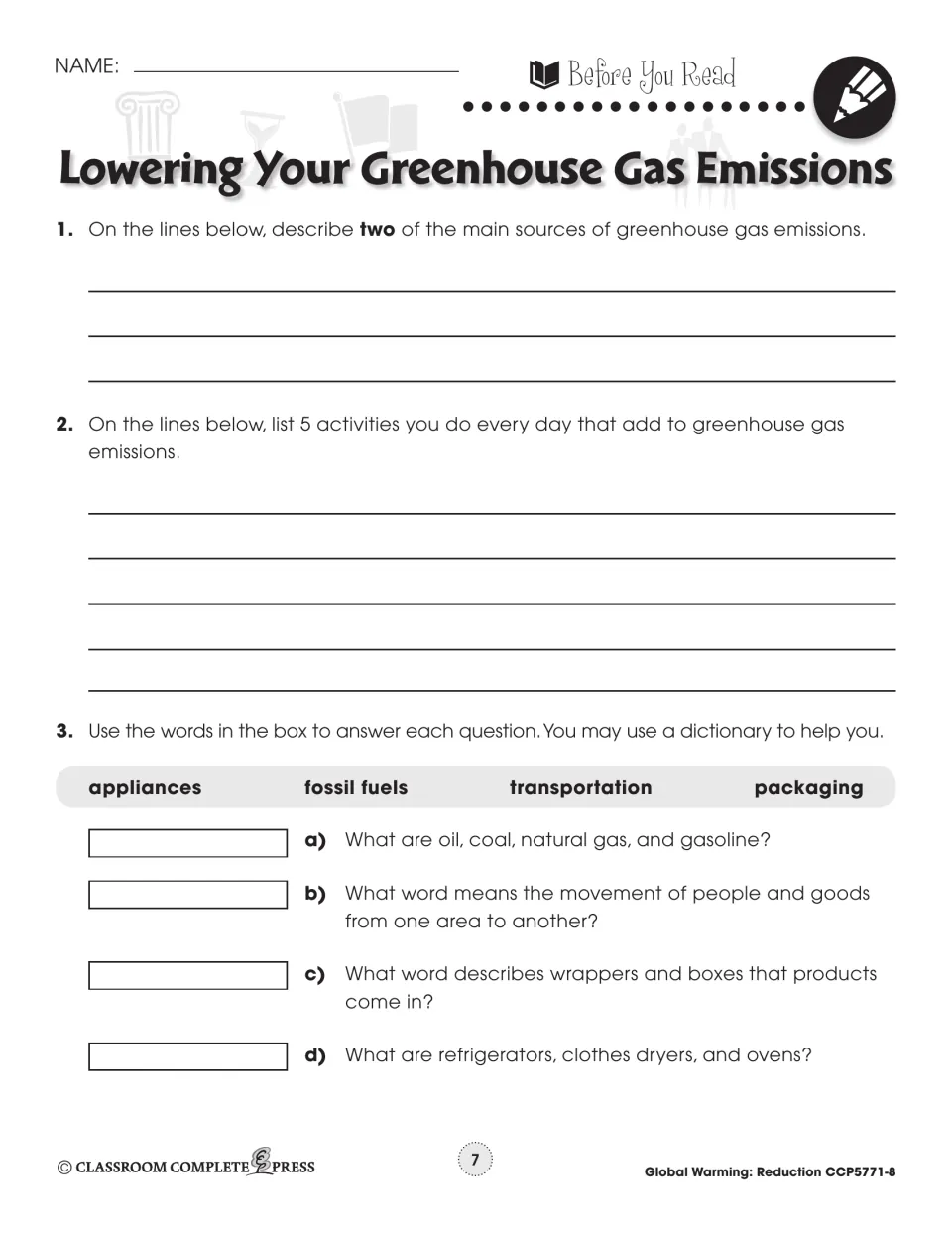 Before You Read: name two emission sources, list 5 daily activities, and match terms like fossil fuels, packaging