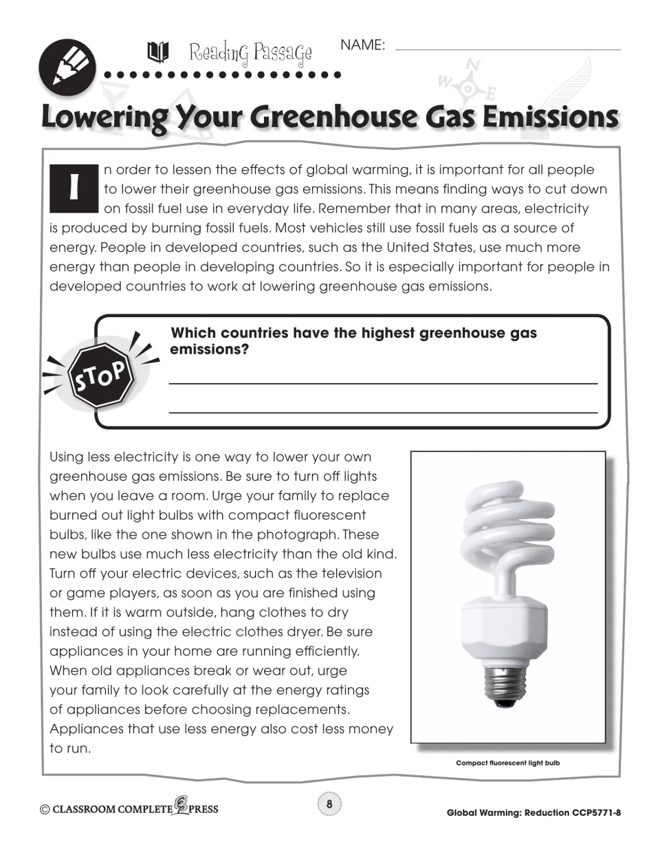 Passage part 1: saving electricity with compact fluorescent bulbs; Stop question asks which countries emit most