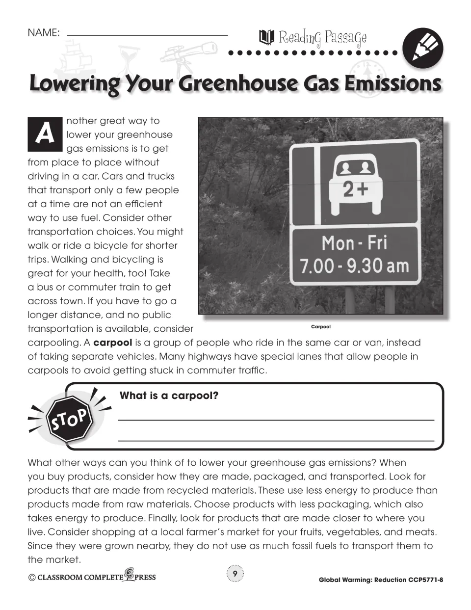 Passage part 2: walking, biking, buses and carpools, with a carpool sign photo; Stop question 'What is a carpool?'
