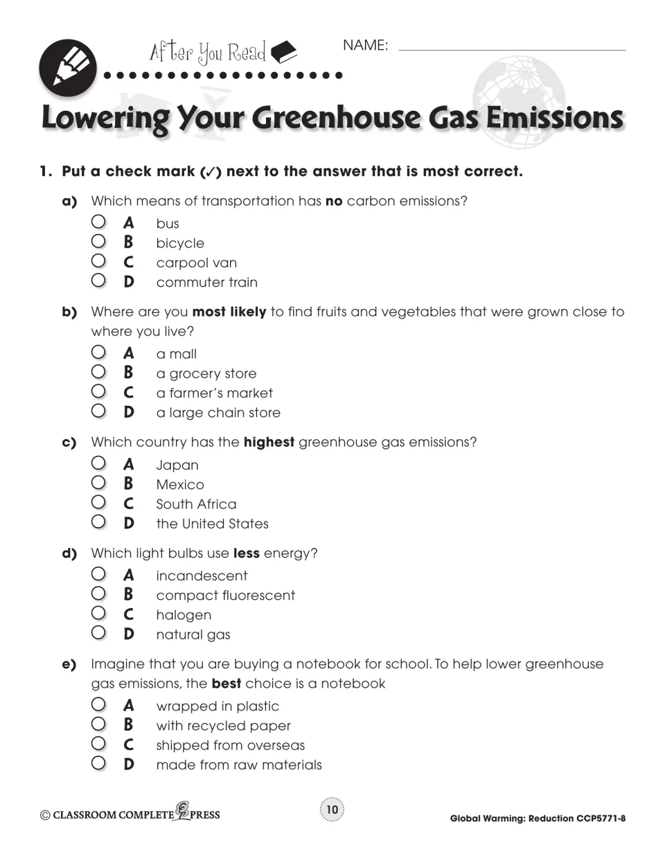 After You Read multiple choice: transportation with no emissions, farmer's market, top-emitting country, and 2 more