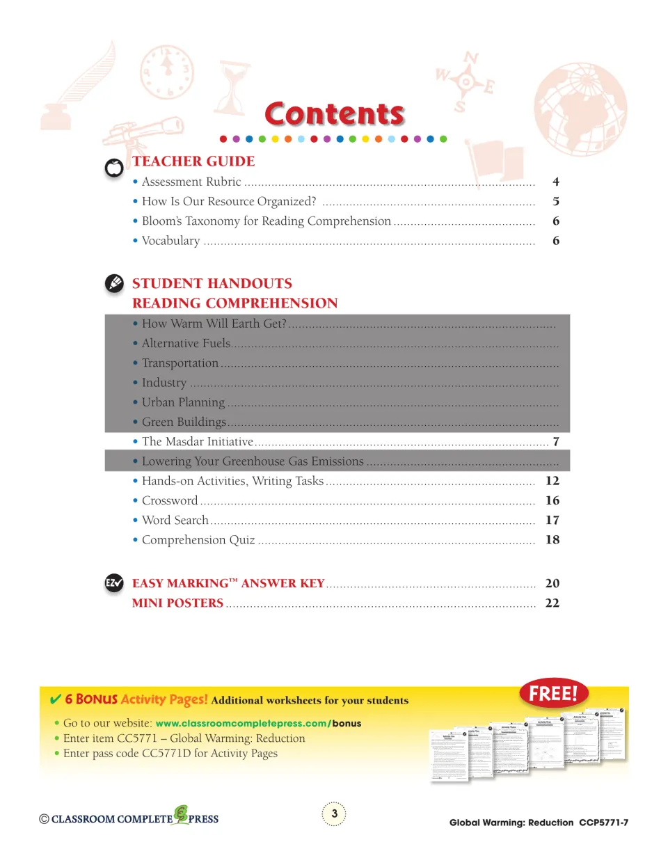 Contents page listing the teacher guide, The Masdar Initiative reading on page 7, crossword, word search and quiz