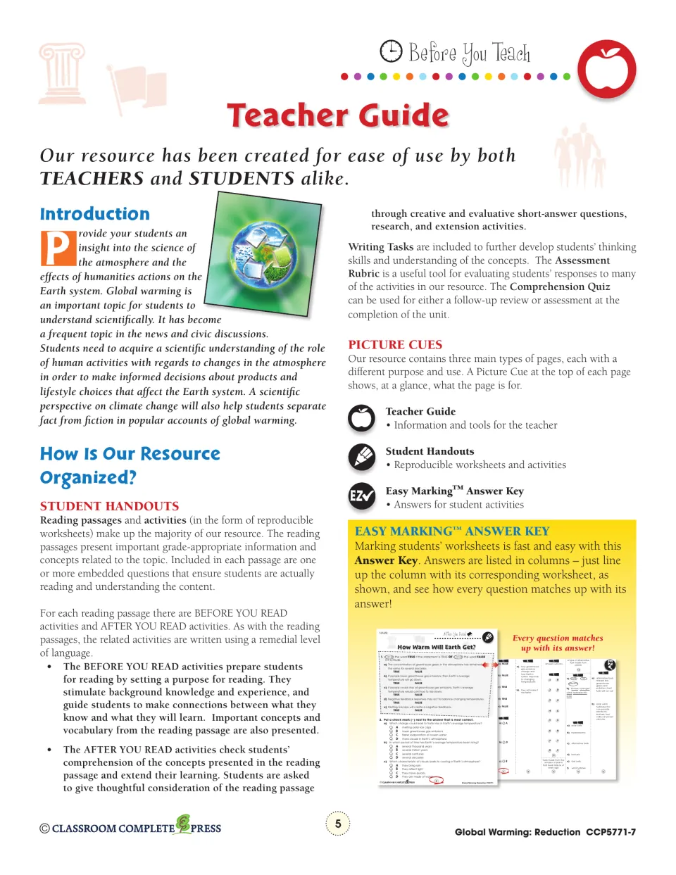 Teacher guide explaining Before You Read and After You Read activities, picture cues and the answer key